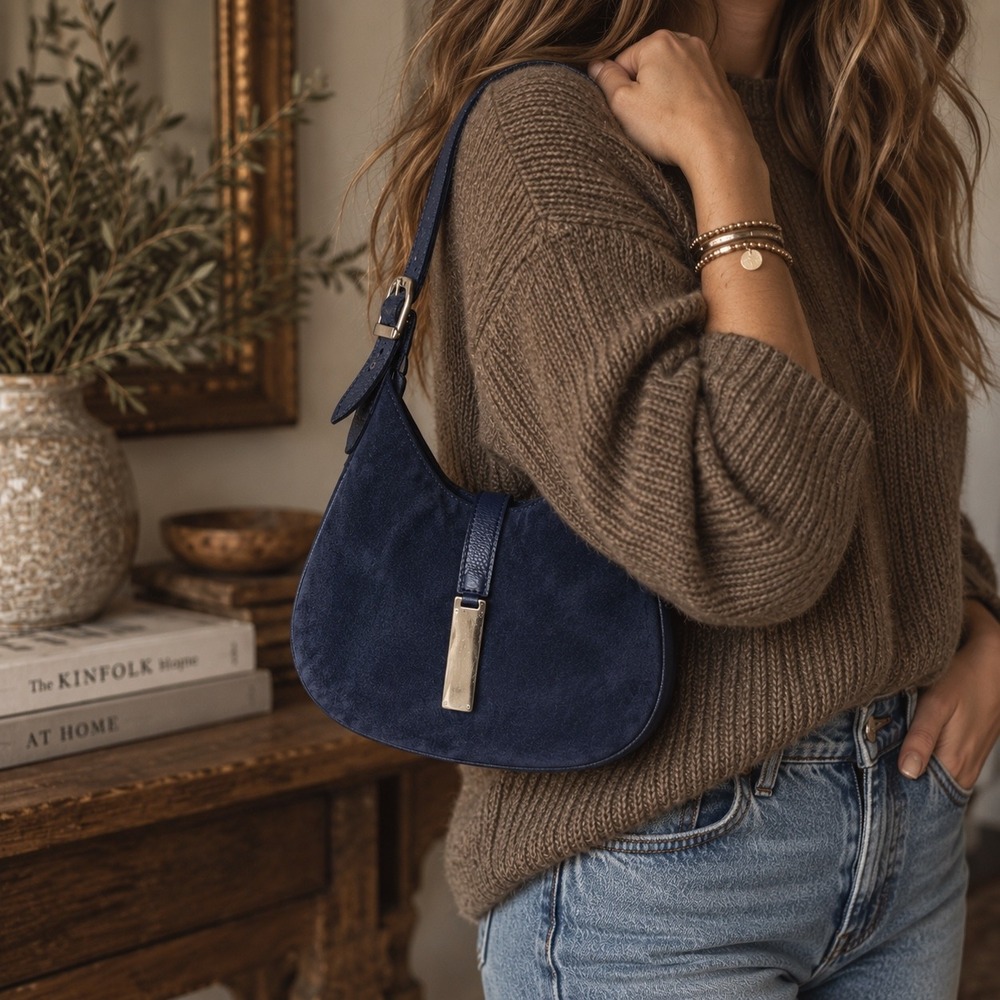Isadora Navy Blue Suede Leather Hobo Shoulder Bag Boho Y2K Purse quiet luxury